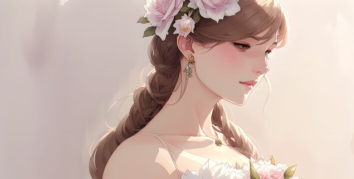 Young and beautiful woman wearing a white dress and floral crown in her hair, holding a bouquet of flowers, made with generative ai