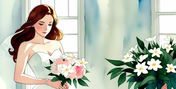 Beautiful young bride holding a bouquet of flowers wearing a stunning wedding dress, watercolor background, made with generative ai