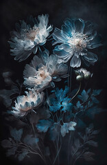 Translucent light blue flowers painted onto a dark navy backdrop. Generative AI.