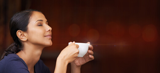 Coffee, calm and woman smelling the aroma in a studio with mockup space for advertising or...
