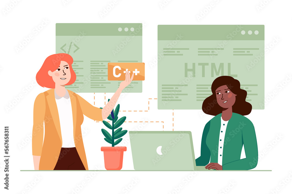 Poster software development green concept with people scene in the flat cartoon style. programmers customiz