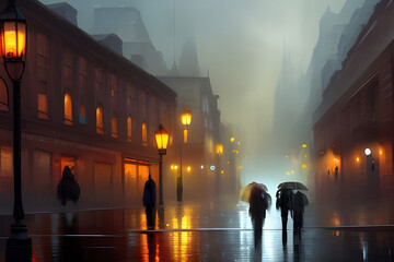 Obraz premium Lonely pedestrians walking in the rain throught a night city. Street lights reflected on wet asphalt. Urban night background. Digital illustration. CG Artwork Background