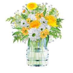 Hand-drawn watercolor glass vase with white and yellow chrysanthemum flowers