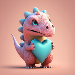 3d cute dinosaur hold heart cartoon illustration, generative ai