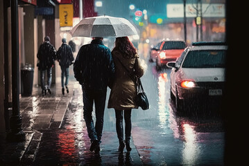 Couple walking on street in rain. Generative AI.

