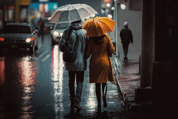 Couple walking on street in rain. Generative AI.
