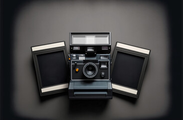 grey background of two blank photo cards and a photo camera
