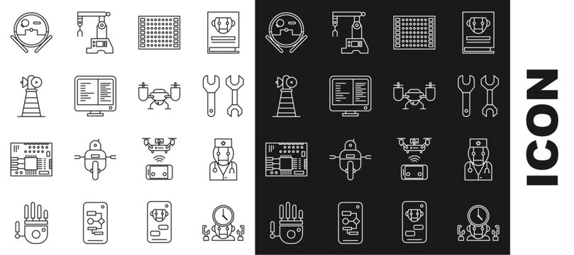 Set line Robot and digital time manager, doctor, Spanner, Printed circuit board PCB, Computer monitor screen, Antenna, vacuum cleaner and Drone flying with action camera icon. Vector