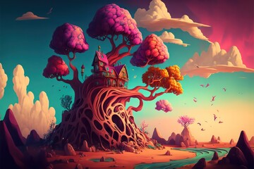 Fantasy colourful theme with trees and mountain. Digital art wallpaper. Illustration. Generative AI. - obrazy, fototapety, plakaty