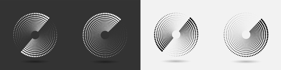 A set of black and white circles of dotted halftones with a shadow. Abstract design elements. The effect of a rotating, disappearing gradient. Vector illustration.
