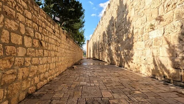 jerusalem-israel. 16-01-2023. The walls of the old city of Jerusalem, a low angle view with a wide lens