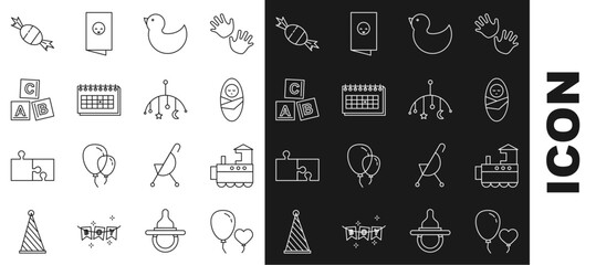 Set line Balloons in form of heart, Toy train, Newborn baby infant swaddled, Rubber duck, Calendar, ABC blocks, Candy and Baby crib hanging toys icon. Vector