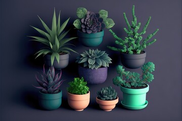 Various types of house plants clay pots on purple background. Generative AI