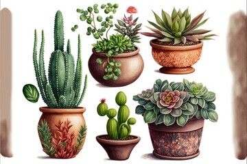 Various types of house plants clay pots on white background. Generative AI