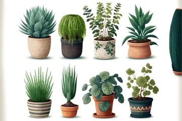 Foto op Plexiglas Cactus in pot Various types of house plants clay pots on white background. Generative AI