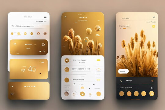 Modern gold mobile user interface design template. Conceptual mobile phone screen mock-up for application interface. Gold, aesthetic professional app development design.