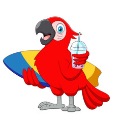 Cute parrot cartoon is carrying a surfboard © leviiART