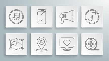 Set line Picture landscape, Smartphone, mobile phone, Digital media play with location, Like heart, Film reel, Megaphone, Music note, tone and icon. Vector