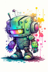 Fototapeta na wymiar Robot coloré, dessin façon aquarelle très coloré, éclat de peinture, IA générative