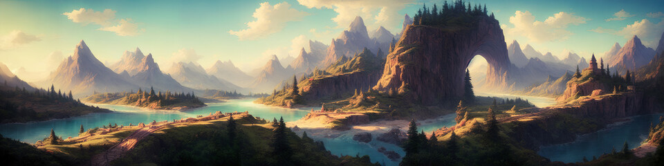 Fototapeta na wymiar Breathtaking panoramic painting of mountains, river, bridges, and sunny weather in a fantasy, fairytale-like atmosphere. Generative AI