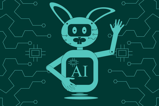 Abstract circuit board background with bunny ai robot. A big horizontal banner with geometric shapes, cyborg rabbit and editable outline. The chip. Artificial intelligence. Hare with screen.