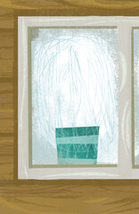 cartoon scene with window in the wooden house illustration for children