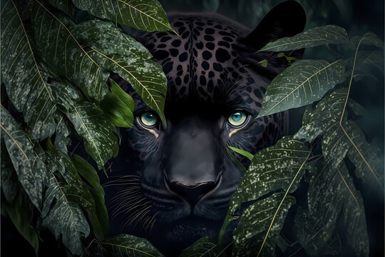 Portrait of a panther, beautiful eyes and face, peeking through bushes, generative ai 