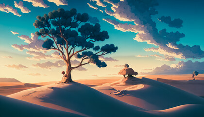 Panoramic painting depicts a lone tree amidst a sandstorm in a sunny desert day, beautiful weather. Fantasy, fairytale ambiance.. Generative AI