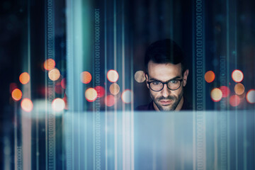 Businessman, computer and night with overlay, futuristic hologram or data analytics with coding strategy. Man, dark office and with holographic mockup space for focus, pc and information technology