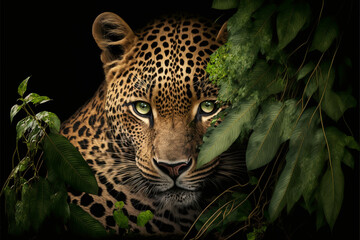 Fototapeta na wymiar Leopard panther in the wild, big jungle cat, face and eye closeup, generative ai 