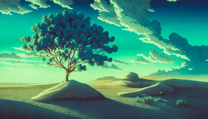 Fototapeta na wymiar Panoramic painting depicts a lone tree amidst a sandstorm in a sunny desert day, beautiful weather. Fantasy, fairytale ambiance.. Generative AI