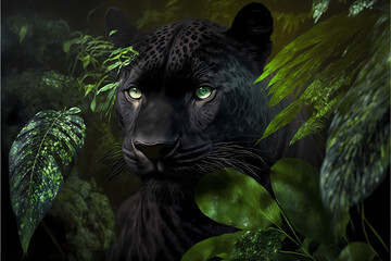 Black panther portrait, closeup of a jungle animal, beautiful green eyes, surrounded by plant life, generative ai