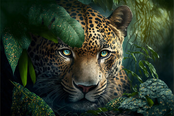 Leopard panther jungle portrait, beautiful eyes fur and spots, exotic feline, generative ai