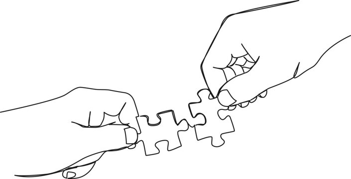 Continuous Single Line Drawing Of Hands Of Two People Fitting Together Two Matching Jigsaw Puzzle Pieces, Line Art Vector Illustration