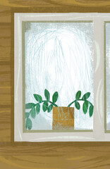 cartoon scene with window in the wooden house illustration for children