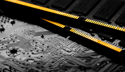 Naklejka premium Macro Close up of computer RAM chip and motherboard