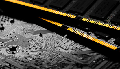 Macro Close up of computer RAM chip and motherboard
