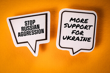 Ukrainian support concept. Speech bubbles with text on a yellow background