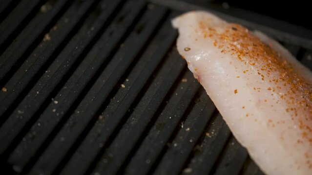 Close up video placing seasoned hake fillet on a grill. Grilled fish.