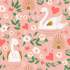 Swan birds pattern with cherry bloom flowers, heart, sun, love. Pink Valentines day wallpaper, surface pattern design, repeat background, romantic textile, sweet swans in pond. Vector illustration. © Tani Kuzminka