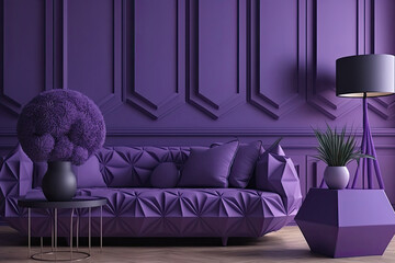 purple living room interior simple an clean with empty mock up place on wall. 3D rendering. Generative ai