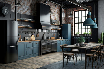 modern kitchen room interior . 3D rendering Design. Generative Ai