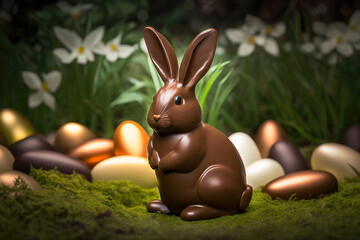 Fototapeta na wymiar Chocolate Easter bunny - grass, garden, easter eggs