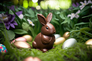 Fototapeta na wymiar Chocolate Easter bunny - grass, garden, easter eggs