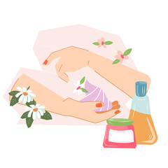 Hand skin organic natural care and cosmetics, flat vector illustration isolated on white background. Hand cosmetics and care procedures decorative banner design.
