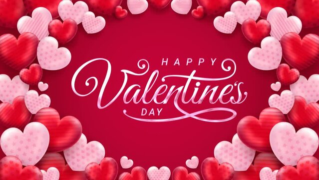 Happy valentines day greeting animation text, lettering with love ornament in red background, for banner, social media feed wallpaper stories