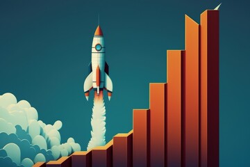 Rocket ship illustration with bar chart, blue background. Generative AI