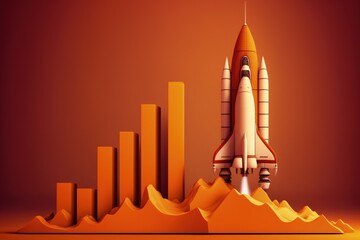 Rocket ship illustration with bar chart, orange background. Generative AI - obrazy, fototapety, plakaty