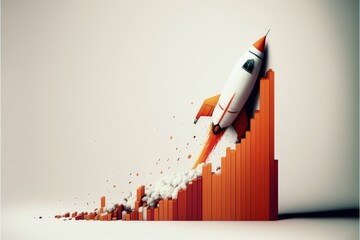 Rocket ship illustration with bar graph, white background. Generative AI