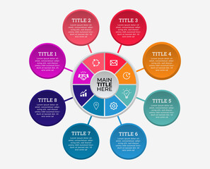 business visual representation, process chart, diagram with steps, options, parts or processes, 8 steps, data visualization, information, infographic, timeline, circle design, rounded with text space